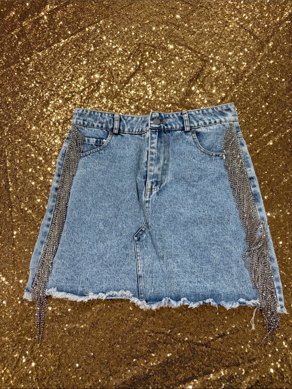 High-Rise Light Blue Denim Mini Skirt with Silver Chain Fringe